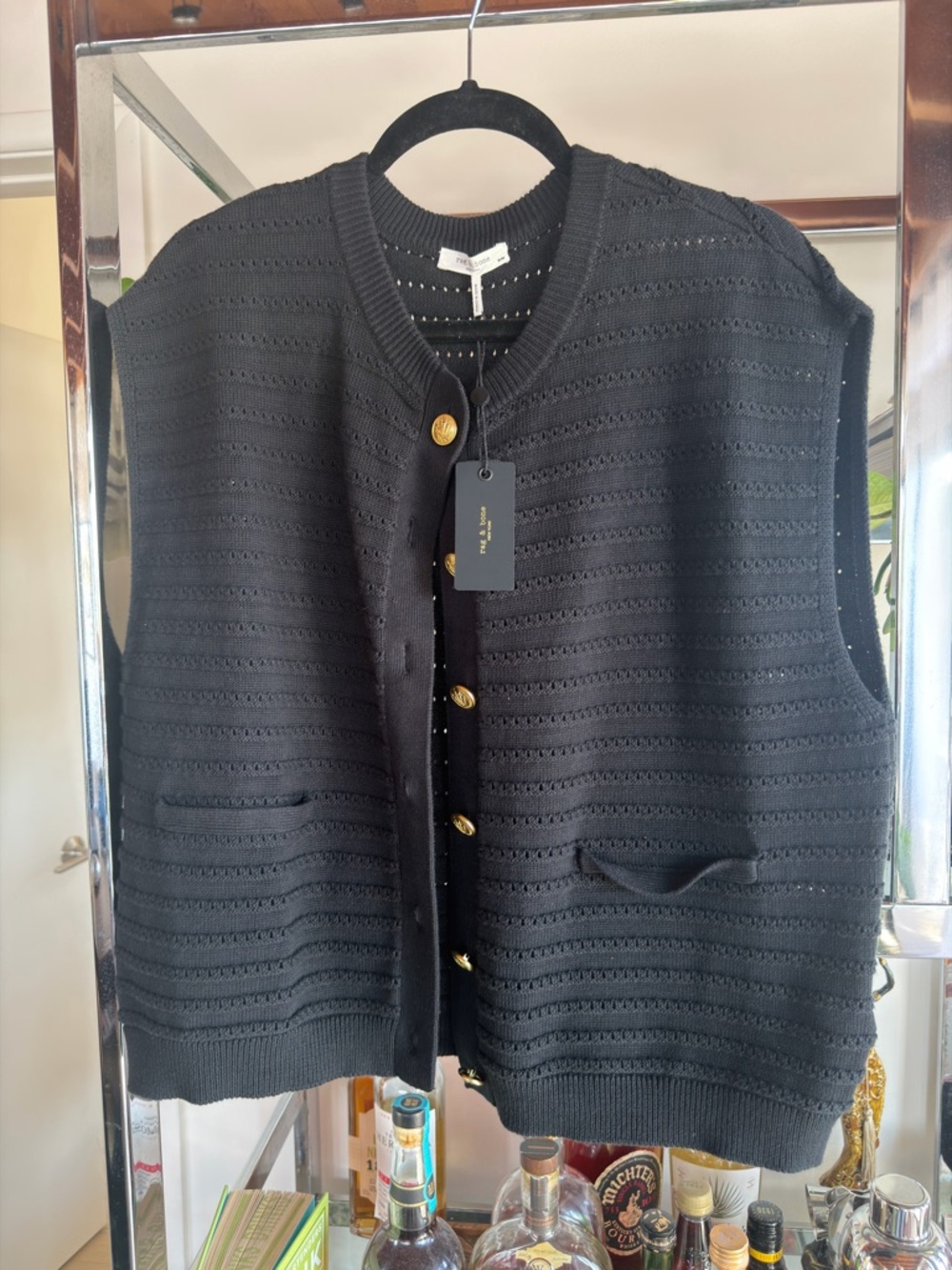 NWT Rag & Bone Black Knit Sleeveless Cardigan with Gold Buttons